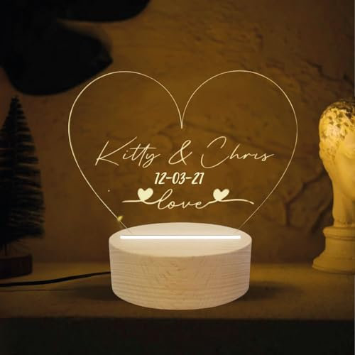 Lampada led notturna a forma di cuore personalizzata con nomi, Idea Regalo anniversario per lei e lui San Valentino Coppia di Fidanzati Amore Love, Targa in plexiglass con base legno per arredo casa