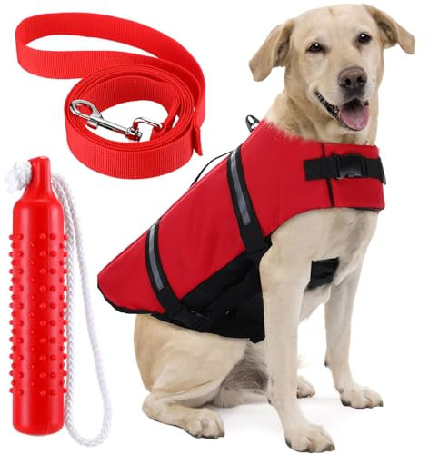 Huhumy Verstellbare Hundeschwimmweste mit reflektierenden Streifen, Hundeschwimmweste mit hohem Auftrieb und Rettungsgriff, Hundeschwimmweste, Lebensretter mit Hundeleine und Kauspielzeug für Hunde