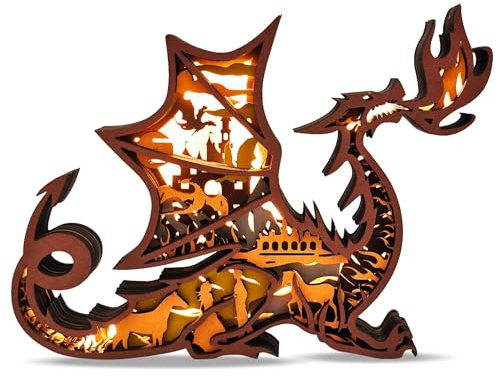 3D Holztiere Schnitzen LED Nachtlicht Drachen Dekor Holz geschnitzte Lampe Kabine Statuen Rustikale Figuren Wandbehang Skulptur Silhouette Ornament für Wohnzimmer Schlafzimmer Zuhause Zimmer für