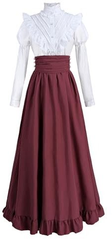 CR ROLECOS Viktorianisches Kleid Damen Mittelalter Kleidung Blusenrock Ballkleider 2-teiliges Renaissance Kostüm 1800er Klassiker Edwardianische Kleid Abendkleid Navy Rose XXL