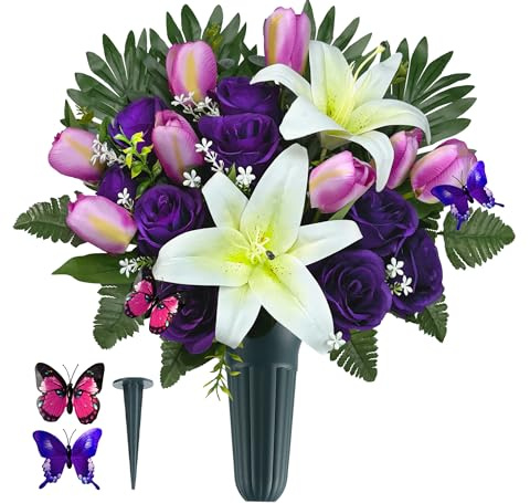 SUHOOKOO Cemetery Flowers with Vases for Grave Decor, Silk Lily Rose Tulip Headstone Flower,Tombstone Flower - Bright and Colorfast,Purple/White,2 Lovely Butterflies Included