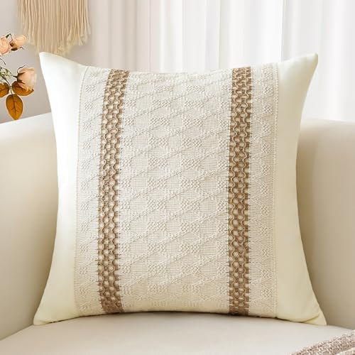 Sungeek 1 Stück Boho Kissenbezüge, Baumwolle & Sackleinen Zierkissenbezüge Dekorativ Kissenbezug Dekokissen Sofakissen Boho Style Deko Bezug Kissenhülle für Sofa Wohnzimmer (Beige Stil B, 50x50 cm)