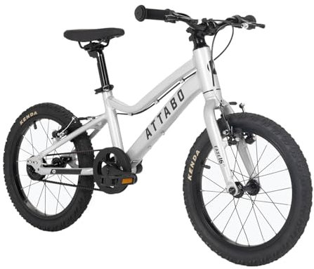 ATTABO Kinderfahrrad Ease 16″ – leichtes 6,8 kg Aluminium, wartungsfreier Riemenantrieb, BMX-Lenker, gefederter Rahmen, ergonomischer Sattel mit Memory Foam, Tektro V-Bremsen, Klingel, Silber