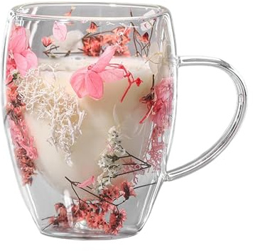 Genikeer Taza De Vidrio De Doble Pared Con Flores, 350ML Taza De Doble Pared Con Flores Secas, Tazas Cafe Espresso Transparente, Taza De Con Asa Para Te Cafe Capuchino