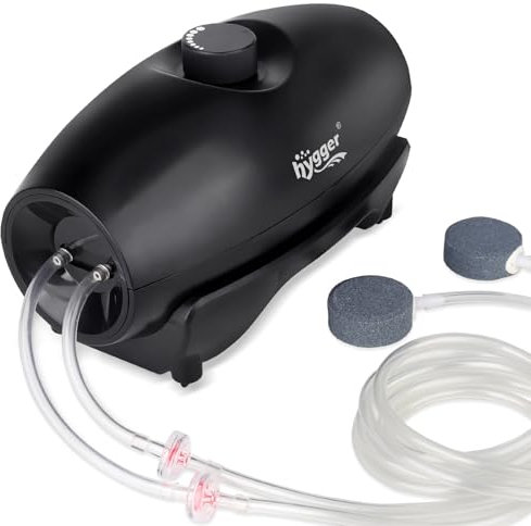 Hygger Bomba Aire Acuario, 5W Bomba de Aire Acuario Regulable de Oxígeno con 2 Salida para Acuario, Cuenco para Peces con Manguera de Aire Válvula Antirretorno