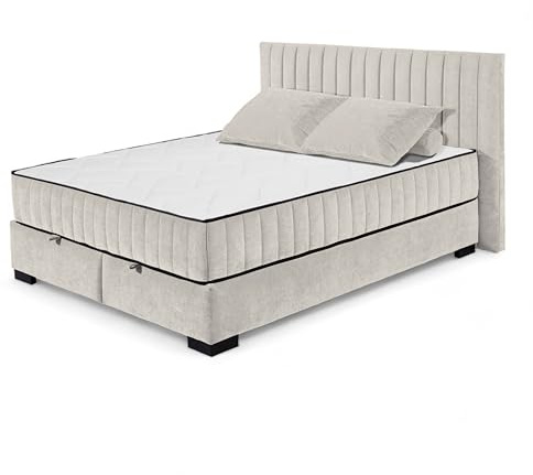 NAGOL C Boxbett 160x200, Sand - Bequemes Doppelbett mit Bettkasten und Premium 9-Zonen-Federkern Wendematratze - 185 x 114 x 214 cm (B/H/T)