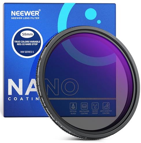 NEEWER 58mm True Colors Hard Stop Variabler ND Filter ND2-32 (1-5 Blendenstufen) Begrenzter Graufilter Zubehör, mehrfach beschichtetes optisches HD Glas/kein X Kreuz/Alrahmen/Wasserdicht/Kratzfest