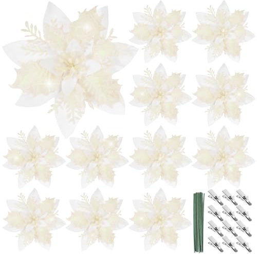 BOFUNX 12Pcs Glitter Poinsettia Artificial Flowers 5.7 Christmas Large Flowers with Clips Stems for Christmas Tree Wreath Christmas Party Decoration (White)