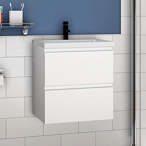 Acezanble 600mm Bathroom Vanity Unit With Wash Basin Resin Ceramic Sink, 2 Drawers, High Gloss White, Cloakroom Storage Furniture Under Basin Cabinet, Wall Hung Cabinets