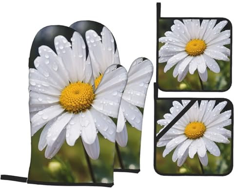 YYHHAOFA Ensemble de 4 pièces de cuisine avec motif marguerites blanches – Manique isolante et manique épaisse et durable