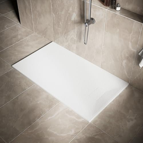 SIRHONA - Plato de ducha, 140 x 80 cm, antideslizante, rectángulo blanco, material de resina SMC, con sifón