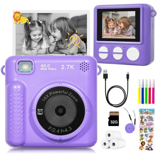 Kids Camera Instant Print, HD Digital Camera for Girls Boys, Birthday Gift Video Recorder Cameras with Color Pens for DIY, 3 Rolls Print Paper & 32GB SD Card, Photo Creator Instant Camera Purple
