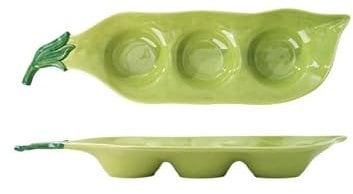 YY Pea pod decorated ceramic appetizer plate -3-grid floral patterned snack plate, providing cute green divider plates, embossed cutlery bowls, fruit and dipping plates