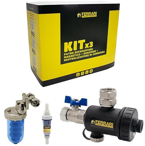 Kit Salva Caldaia FERRARI Filtri 3 in 1 - contiene: 1 Defangatore Magnetico + 1 Neutralizzatore Condensa Acida + 1 Dosatore Decalcificatore a sali polifosfati + Chiave di svitamento