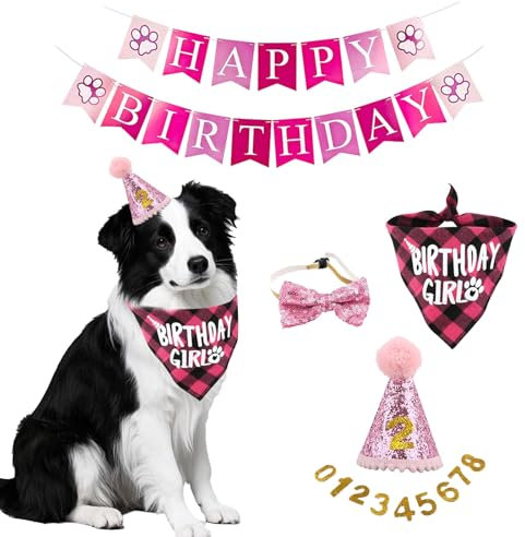 Hundegeburtstag Hut Bandana Set,5 Stücke Hunde Geburtstags Bandana Mütze mit 10 Bling Nummern und Happy Birthday Banner für kleine mittelgroße und große Hunde,Hund Geburtstag Deko (Rosa)