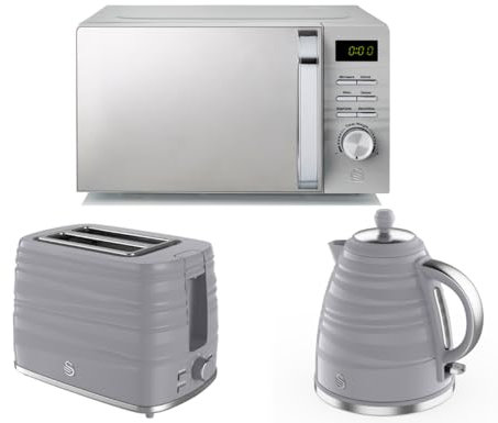 Swan Symphony Grey 1.7L 3KW Kettle, 2 Slice Toaster and 700W 20L Digital Microwave. Comtemporary Matching Kitchen Set
