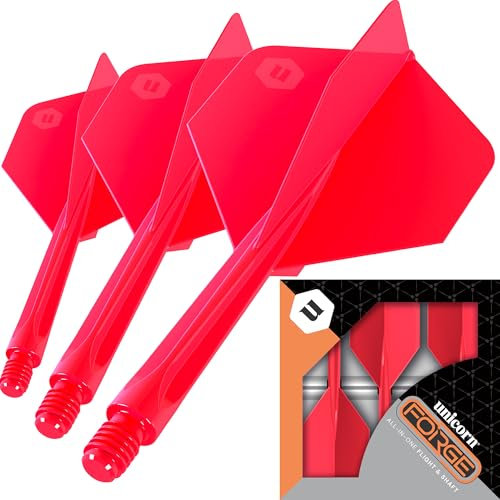 Unicorn Forge integrierte Dart-Flights & Schäfte, 1-teiliges Design für perfekten 90°-Winkel, leichtes, Robustes Polymer, Plus-Form und Standard-2BA-Gewinde, mittellanger Vorbau 26 mm, Rot, 3 Stück