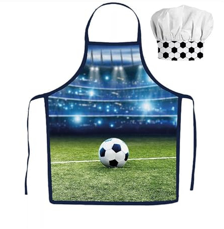 damaloo Fußball Kinder Kochschürze Jungen 3 bis 8 Jahre – Kinderkochschürze mit Mütze - Backschürze mit verstellbarer Kinder Kochmütze - Kinderkochschürzen Set - Koch Kostüm Schürze