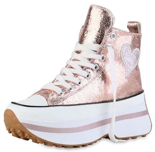 VAN HILL Damen Plateau Sneaker Blockabsatz Glitzer Trendy Schuhe 216849 Rose Gold 39