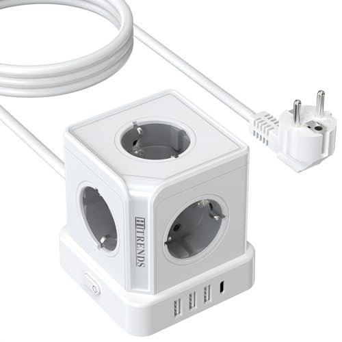 HITRENDS Steckdosenturm mit USB & Typ C, Steckdosenleiste 5-Fach mit Schalter, 3 USB-A & 1 USB-C, 2m Kabel, Steckdosenwürfel Weiß für Büro, Zuhause
