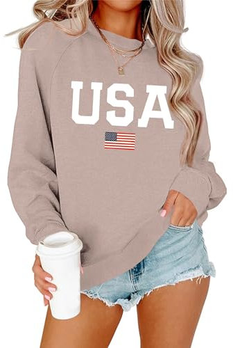 Lacozy Damen-Sweatshirt mit amerikanischer Flagge, übergroßer Grafik, Rundhalsausschnitt, lange Ärmel, lockere Passform, Kaffee, S