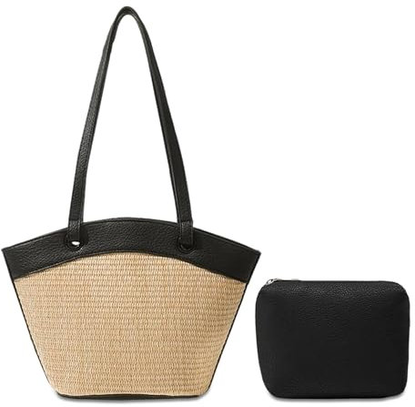 Mabecol Stroh Strandtasche Damen, Basttasche Sommer Mittelgroß, Schultertasche Boho, Stroh Tasche mit Kosmetiktasche, Gewebte Korbtasche Für Strand, Urlaub, Reisen, Alltag, Schwarz