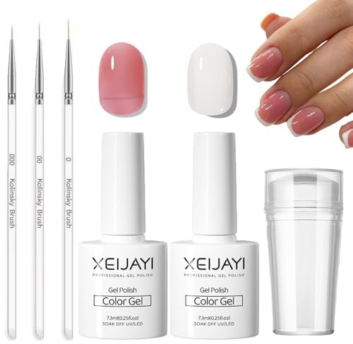 French Manicure Kit - 2PCS Gel Nail Polish Set - Jelly Pink White Gel Nail Polish for French Tip Manicure with 3Pcs Nail Art Pen and Nail Stamper UV Lamp Required Manicure Tip Nail Salon DIY at Home