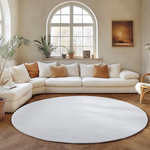 SIMPEX Runder Teppich Weiss 120 cm Kurzflor Teppich Waschbar, rund, weich & rutschfest, modern einfarbiges Design für Wohnzimmer, Küche Schlafzimmer, & Kinderzimmer