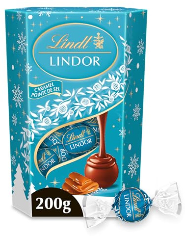 Lindt - Cornet LINDOR - Chocolat au Lait et Caramel Pointe de Sel - Cœur fondant - Idéal pour Noël, 200g