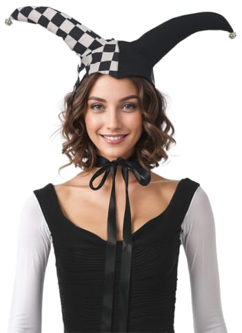 UniqKaliber Weihnachtsnarren-Halsband und Mütze, kariert, viktorianischer Clown, Choker mit Glöckchen, Kostümzubehör