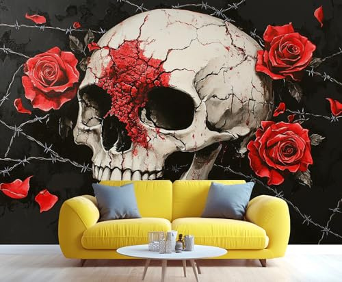 YXQAIED Red Rose Wallpaper, Gothic Bedroom Wall Paper, Not Self Adhesive Black Marble Wallpaper for Living Room, Horror Skulls Photo 3D Wall Murals & Room Decor, 200x140cm