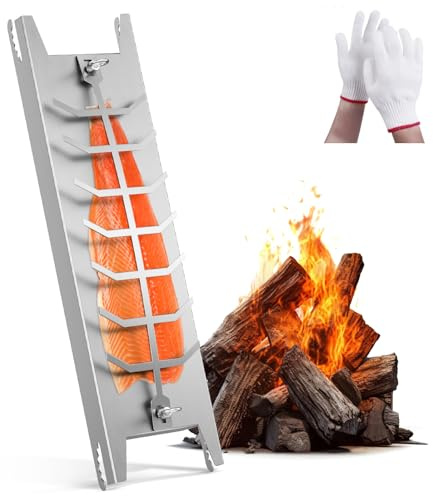 BugyKido Flammlachsbrett Edelstahl [59,5x16cm] 180° Wendefunktion & 5-stufig Verstellbarer Winkel | Profi Lachsbrett für Feuerschale & Kugelgrill | Rostfrei, Spülmaschinenfest & Sicher