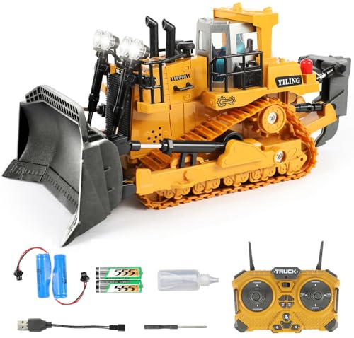 SHINESIGNAL Metal RC Bulldozer Toy for Kids 11-Channel Remote Control Dozer with Lights & Sounds, 2 Rechargeable Batteries Included, 1:20 Scale Construction Tractor for Boys Ages 3-12