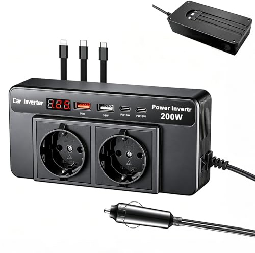 Inversor de Coche 200W (12V a 220V), con 2 enchufes, 2 Puertos USB (36W), 2 Puertos PD (18W), Pantalla LCD y 3 Cables de Carga – Ideal para Viajes de Negocios, Camping y Actividades al Aire Libre