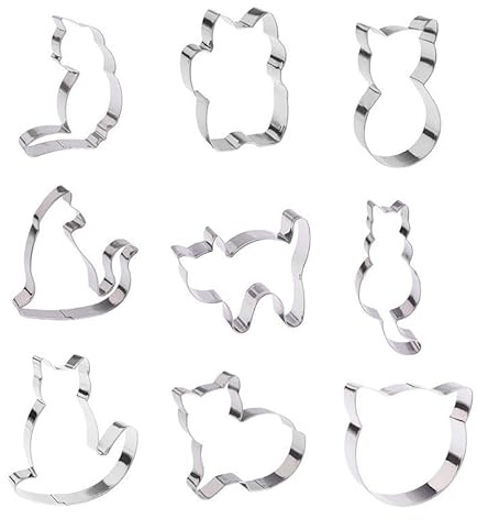 9 Piece Cat Cookie Cutters Set - Stainless Steel Kitten Biscuit Cutters | for Baking, Fondant, Sandwiches - Cute Animal Shapes Moulds for Party, Birthday & Cat Lovers - Dishwasher Safe
