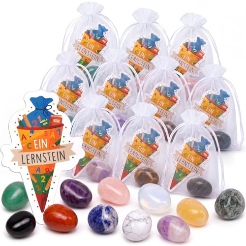 Otuuz Pietre Portafortuna per Bambini con Sacchetti di Iuta e Etichette Rotonde di Carta Portafortuna Colorate Pietre Magiche Regali per Capodanno Bomboniere(12,Lernstein)