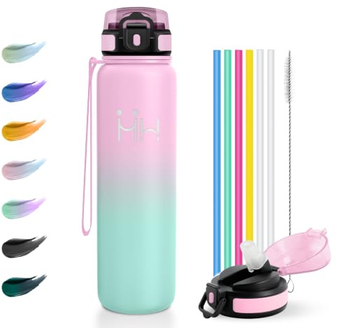 Gourde Isotherme 1L avec Paille, Gourde Sport pour Randonnée, en Acier Inoxydable Étanche et sans BPA, Randonnée, Cyclisme