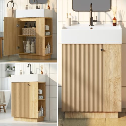 luckdect Meuble sous Lavabo Salle de Bain 55 cm avec Vasque, Meuble Lave Main WC avec Porte à Fermeture Douce, Porte-Papier Toilette Amovible, Naturel (sans Robinet)