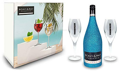 Scavi & Ray Bling Bling Blau Glitzer Giftbox Geschenkset - Scavi & Ray Prosecco Frizzante 0,75l (10% Vol) + 2x Prosecco Gläser -[Enthält Sulfite]