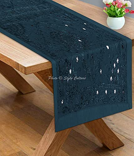 Stylo Culture Tischläufer aus Baumwolle, rechteckig, indische Stickerei, Wohnzimmer-Tischdekoration, geometrisch, Boho Ethno-Stil, 86 x 45 cm Traditionell Length-34 x Width-18 dunkelgrün