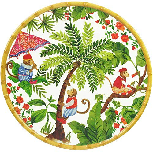 Les Jardins de la Comtesse - Plat Rond en Mélamine - Singes de Bali - 35,5 cm - Rouge corail et Vert - Plat de Présentation de la Collection de Vaisselle Quasi-Incassable MelARTmine