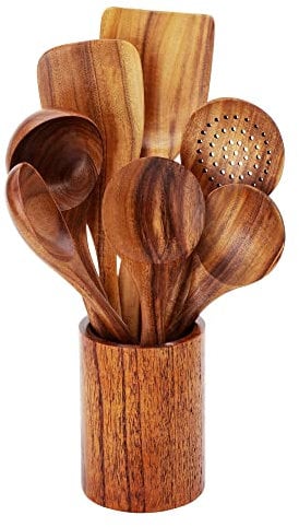 Lot de 8 cuillères en bois antiadhésives pour la cuisine, en teck naturel