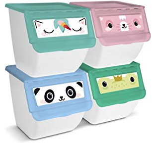 TIENDA EURASIA | Organizador de Juguetes Apilable para el hogar | Pack de 4 Contenedores de Plastico para Juguetes | Diseño Infantil 4 Colores | Meddia 39 x 39 x 36 cm | Tapa Abatible |