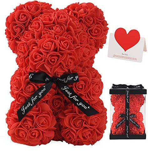 FVXR Rosenbär, Rose Teddybär, 25.4 cm, Dutzend Blumen, künstliche Pflanzen, Dekoration, Geschenk für Valentinstag, Muttertag, Weihnachten, Party, Dekorationen mit transparenter Geschenkbox (06-Red)