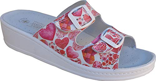 Sanital Light - Zapatillas Casa Mujer 1371 | Plantilla Anatómica Anti-shock | Tacón Cuña 4 cm | Zapatillas | Cuero, Corazones Rojos, 40 EU