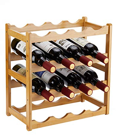 Homevany Bamboo Wine Rack, Sturdy and Durable Countertop Wine Storage Cabinet Shelf for Pantry - 4 Tiers 16 Bottle Wine Rack