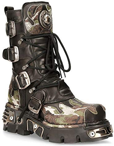 New Rock Stivali 591-S15 Camouflage in Pelle Nera Fiamma Metallizzata Stile Motociclista Punk Gotico 37