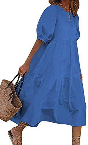 ORANDESIGNE Robe Femme Ete Bohème Grande Taille Chic et Elegant Rétro Mode Robe Ample Vintage Robe De Plage Décontracté Floral Boho Dress A Bleu XL