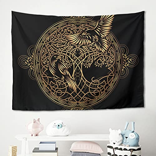 Gamoii Wikinger Yggdrasil Baum des Lebens Raben Wandbehang Wandteppich Tapisserie Picknick Strandtuch Stranddecken Yoga Meditation Mat Comfort Wohnzimmer Schlafzimmer Bettdecke White 230x150cm