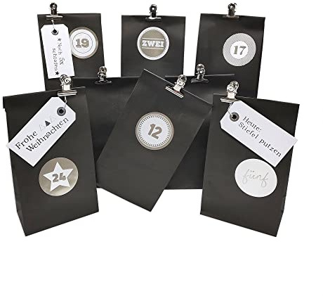 Frau WUNDERVoll® DIY Adventskalender zum Befüllen Weihnachtszeit, Blockbodenbeutel 12(L) x7(B) x24(H) cm schwarz, Ziffern silber/Weihnachten, Papiertüten, Kinder, Aufkleber